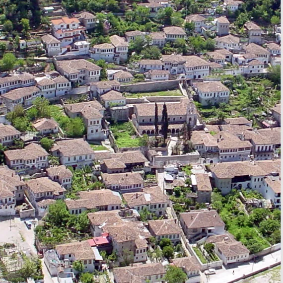 Traditional tiled-roof buildings in the Goricë district of Berat.